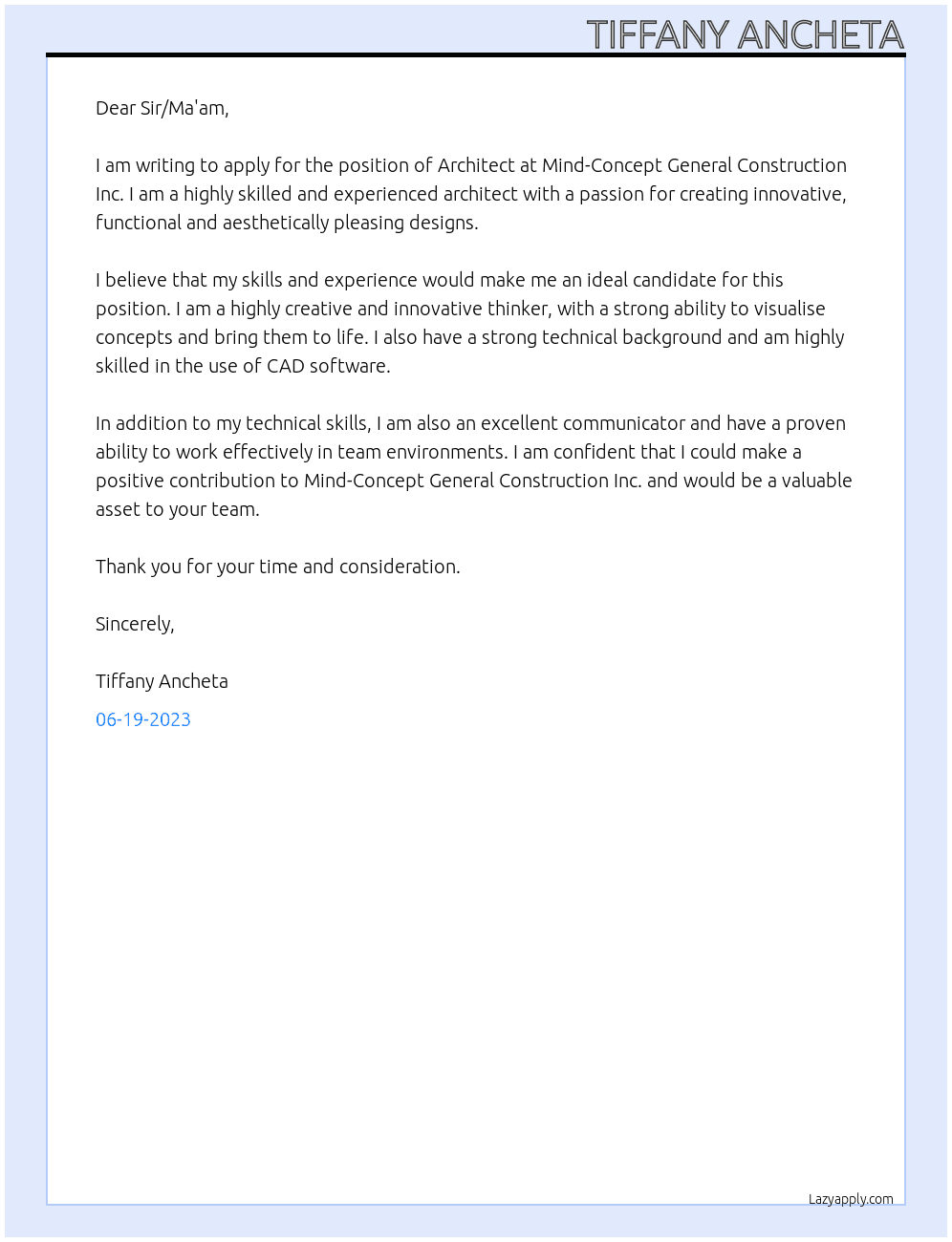 Architect At Mind-Concept General Construction Inc. Cover Letter