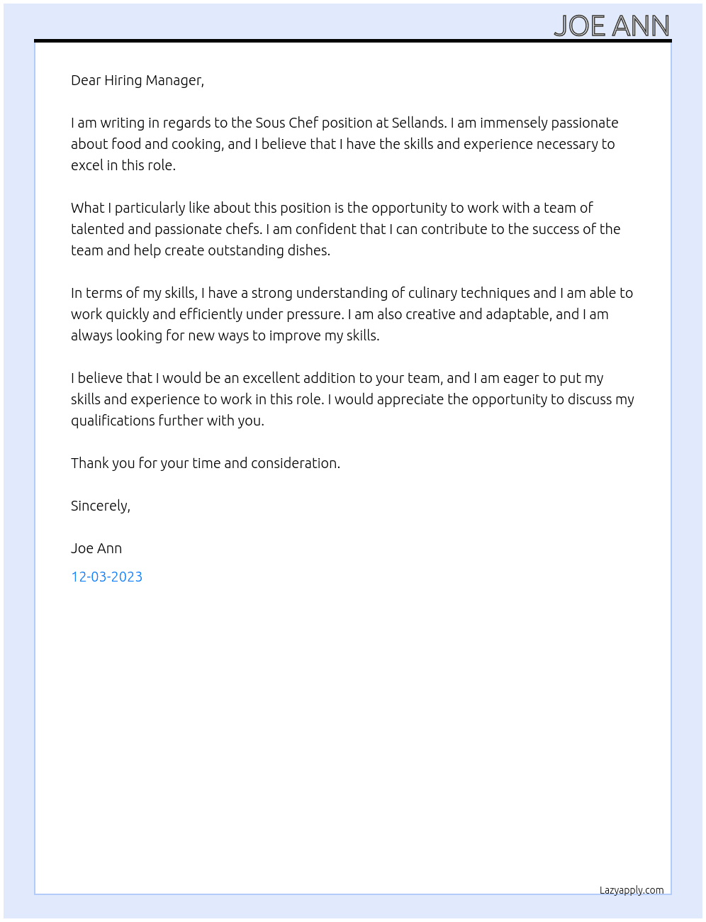 Sous chef At Sellands Cover Letter