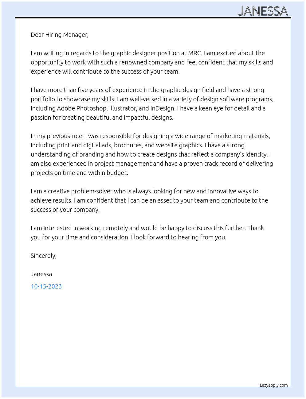 Graphic designer  At MRC Cover Letter