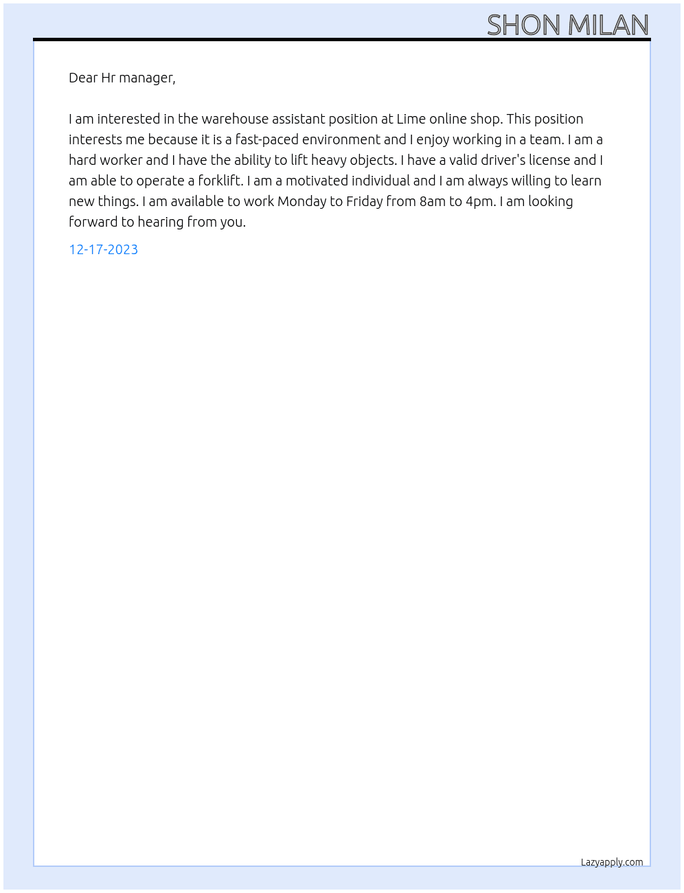 Warehouse assistant  At Lime online shop Cover Letter