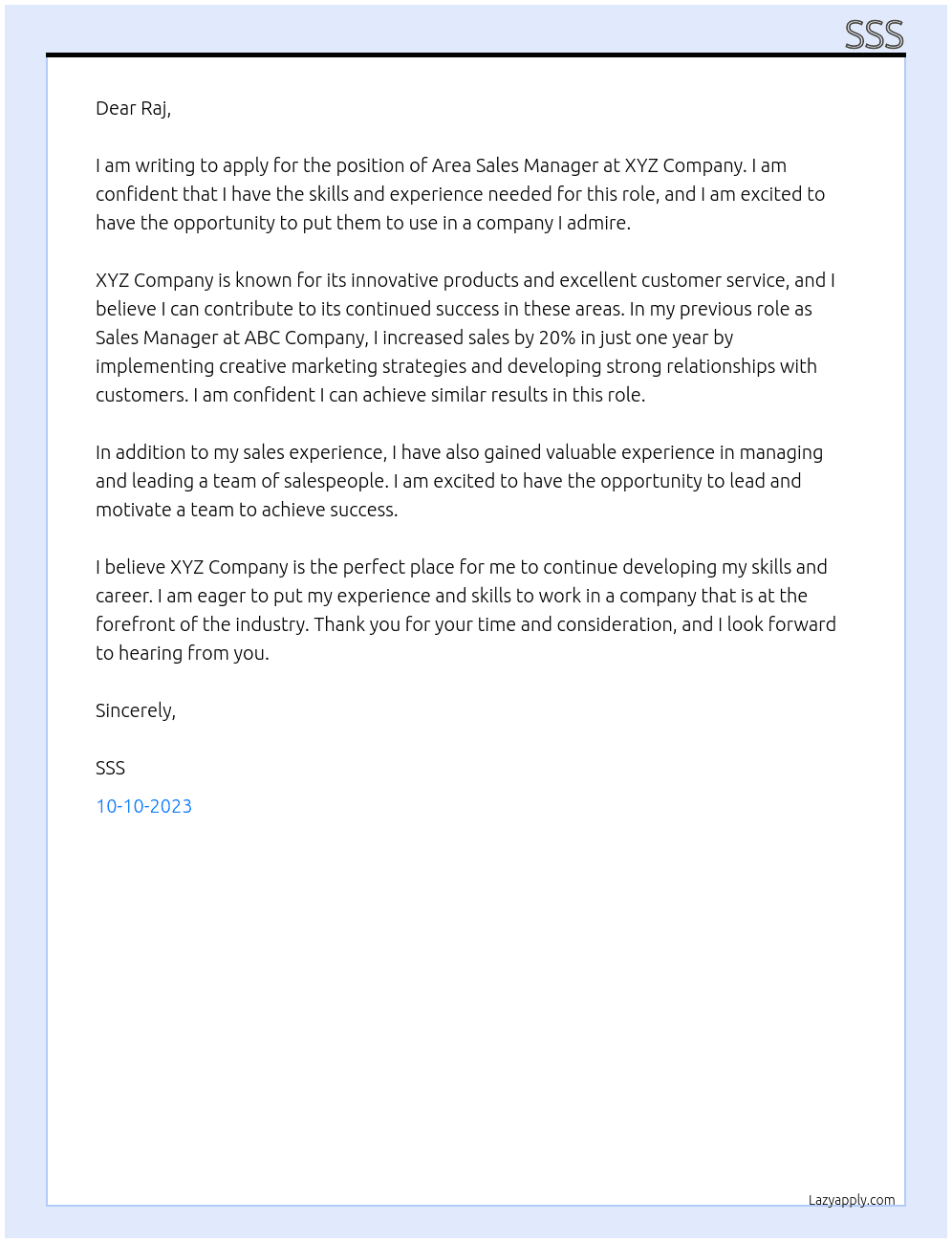 area sales manager  At x Cover Letter