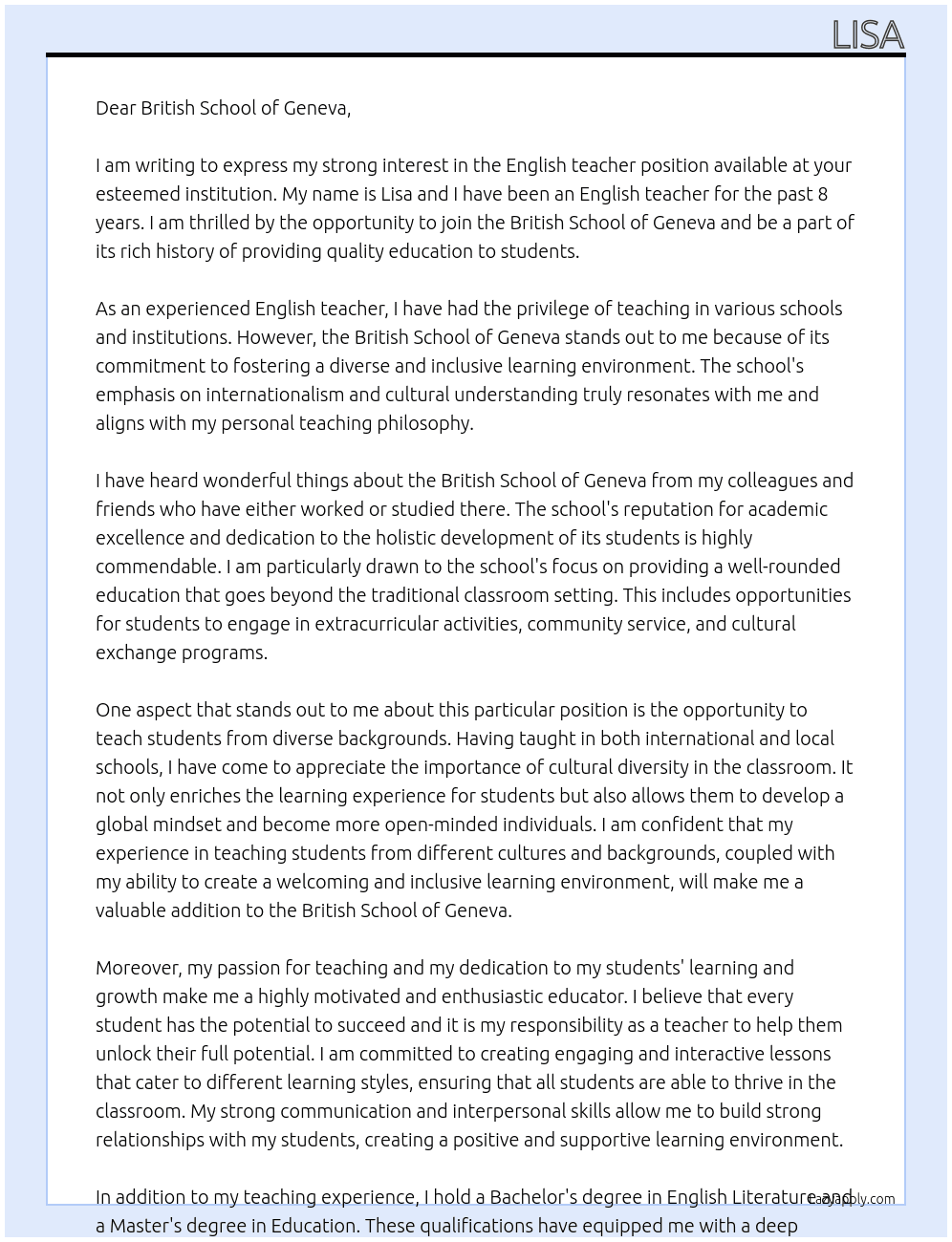 English teacher At British School of Geneva Cover Letter
