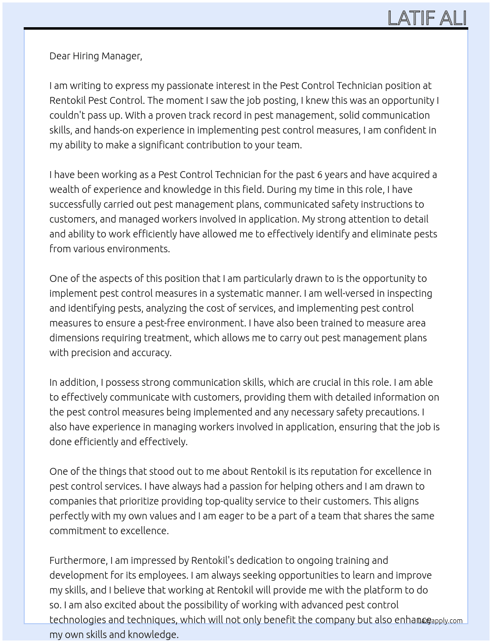 Pest Control Technician At Rentokil Cover Letter
