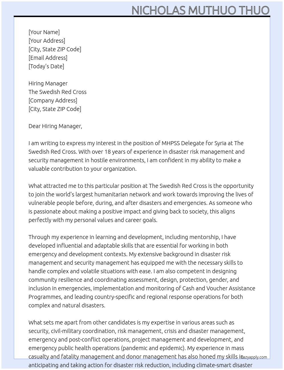 MHPSS Delegate  At The Swedish Red Cross.  Cover Letter