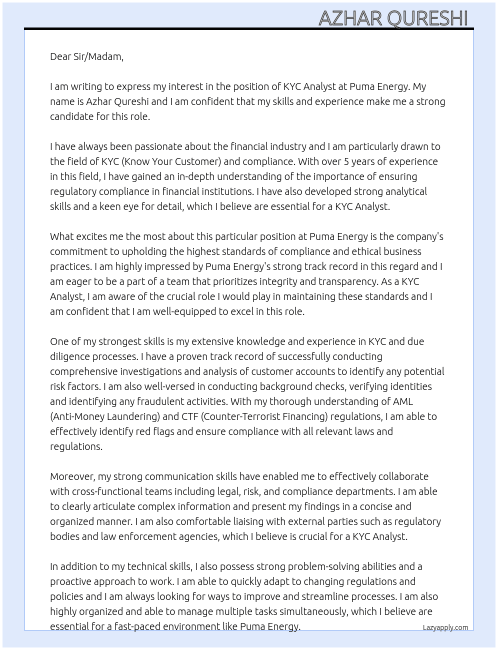 KYC Analyst  At Puma Energy  Cover Letter