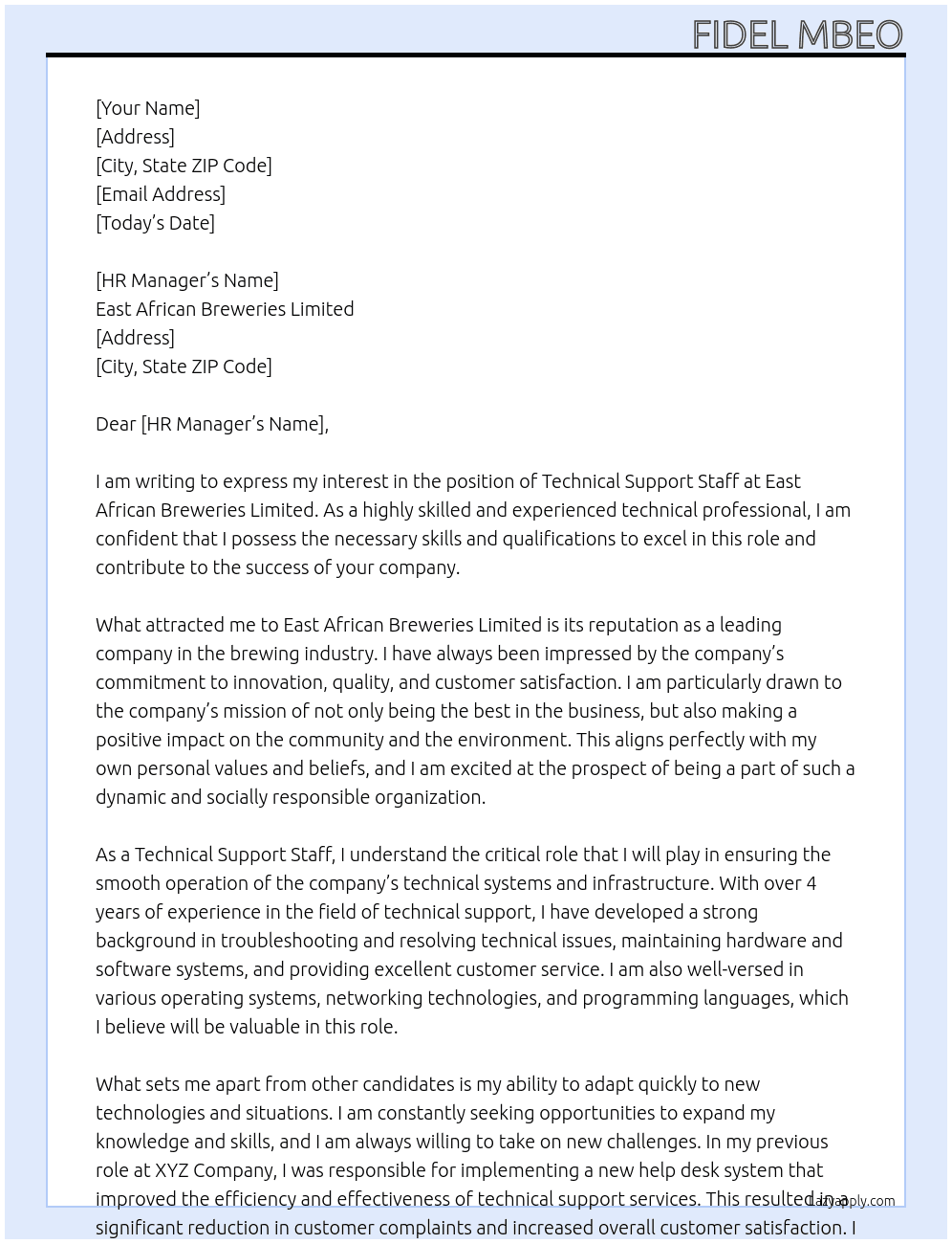 Technical Support Staff At East African Breweries Limited Cover Letter