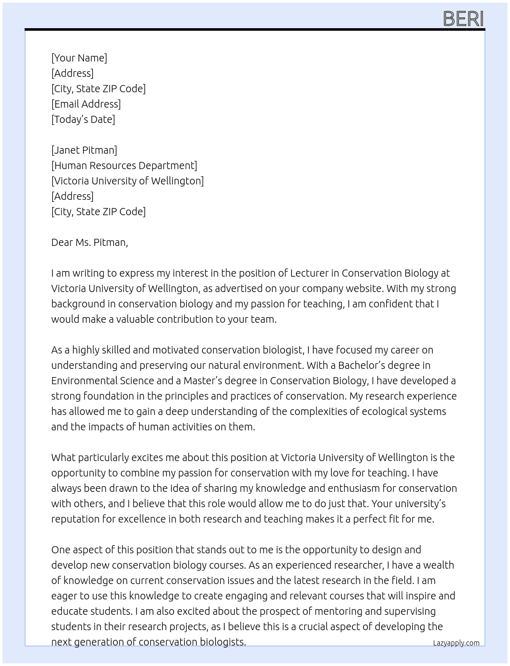 Lecturer in Conservation biology At Victoria University of Wellington Cover Letter