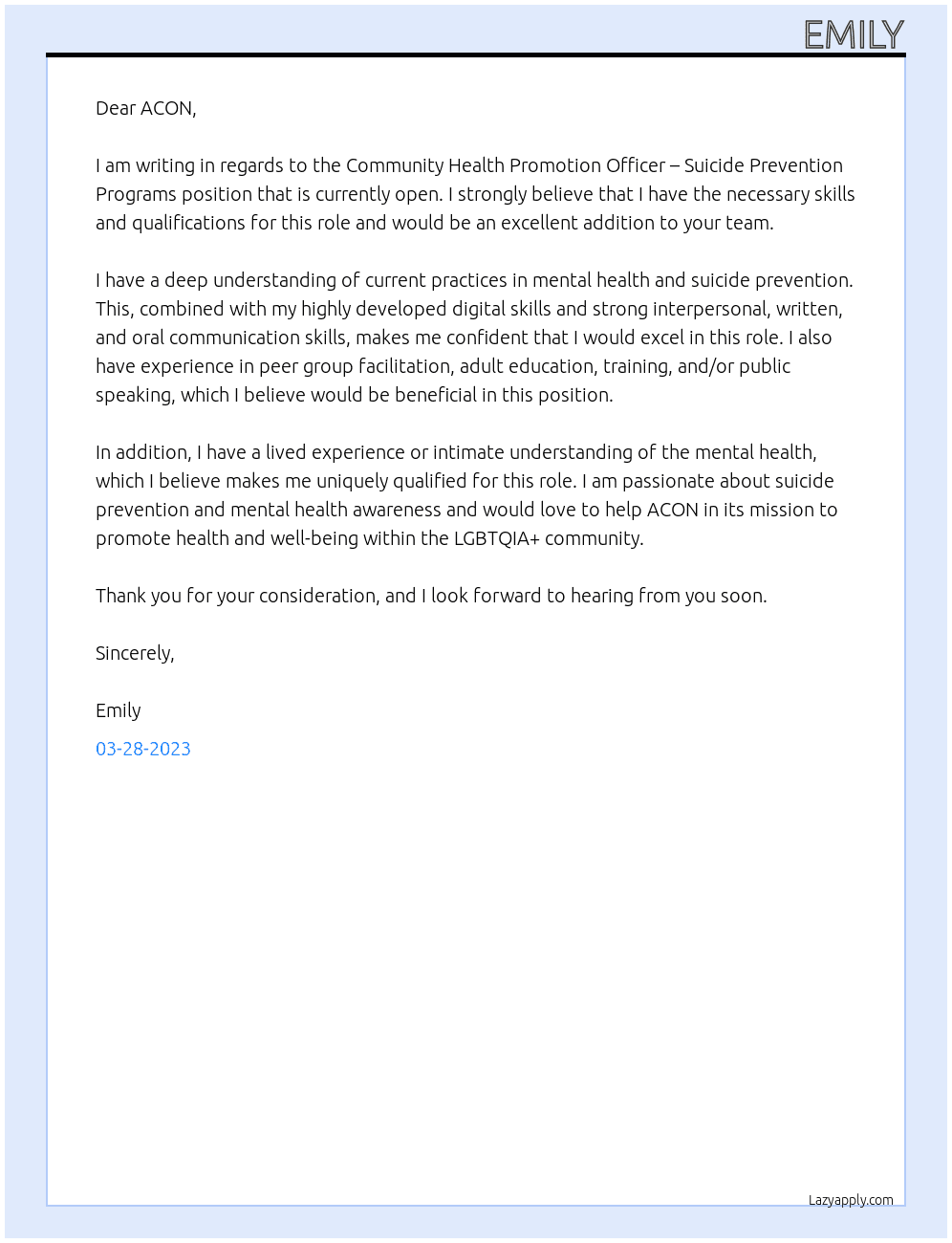 Community Health Promotion Officer – Suicide Prevention Programs At ACON Cover Letter