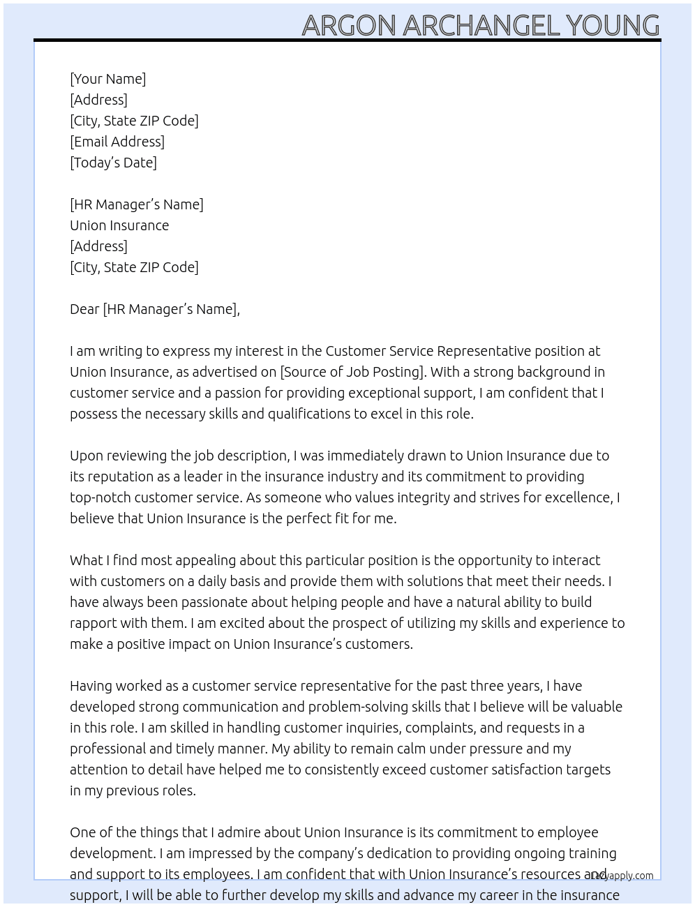 Customer Service Representative At Union Insuracne Cover Letter