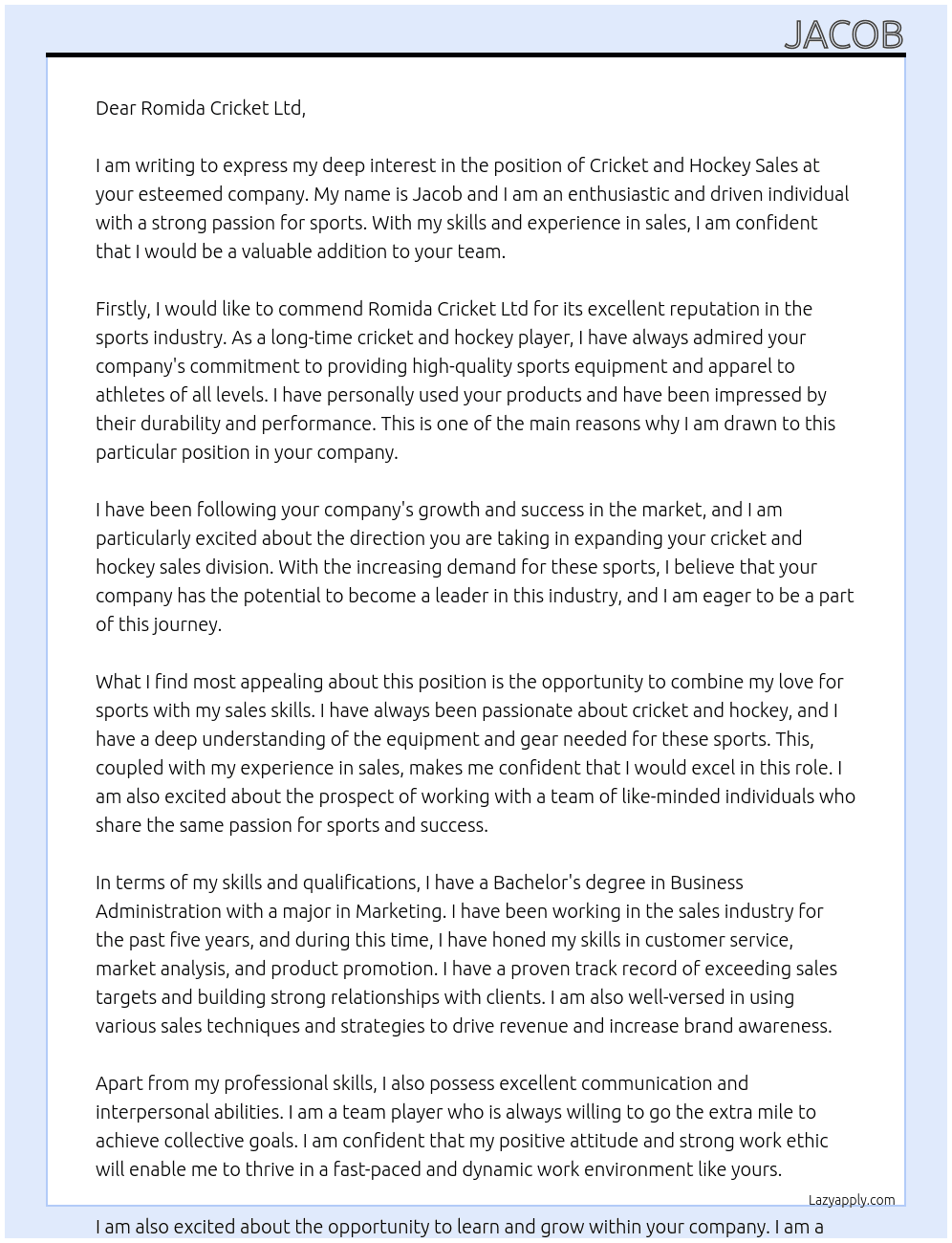 cricket and hockey sales At Romida Cricket Ltd Cover Letter