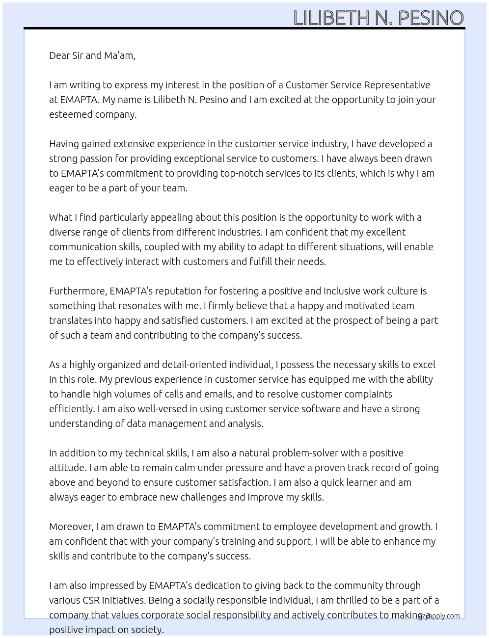 Costumer Service Representative At EMAPTA Cover Letter