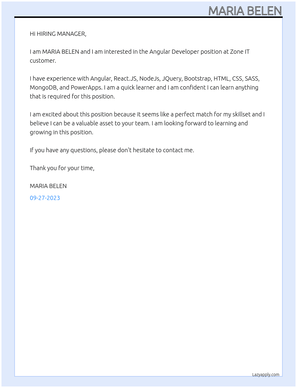 Angular Developer At Zone IT customer Cover Letter