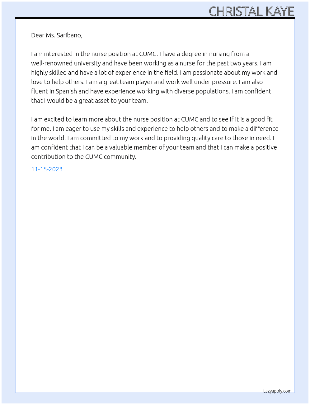 Nurse At CUMC Cover Letter