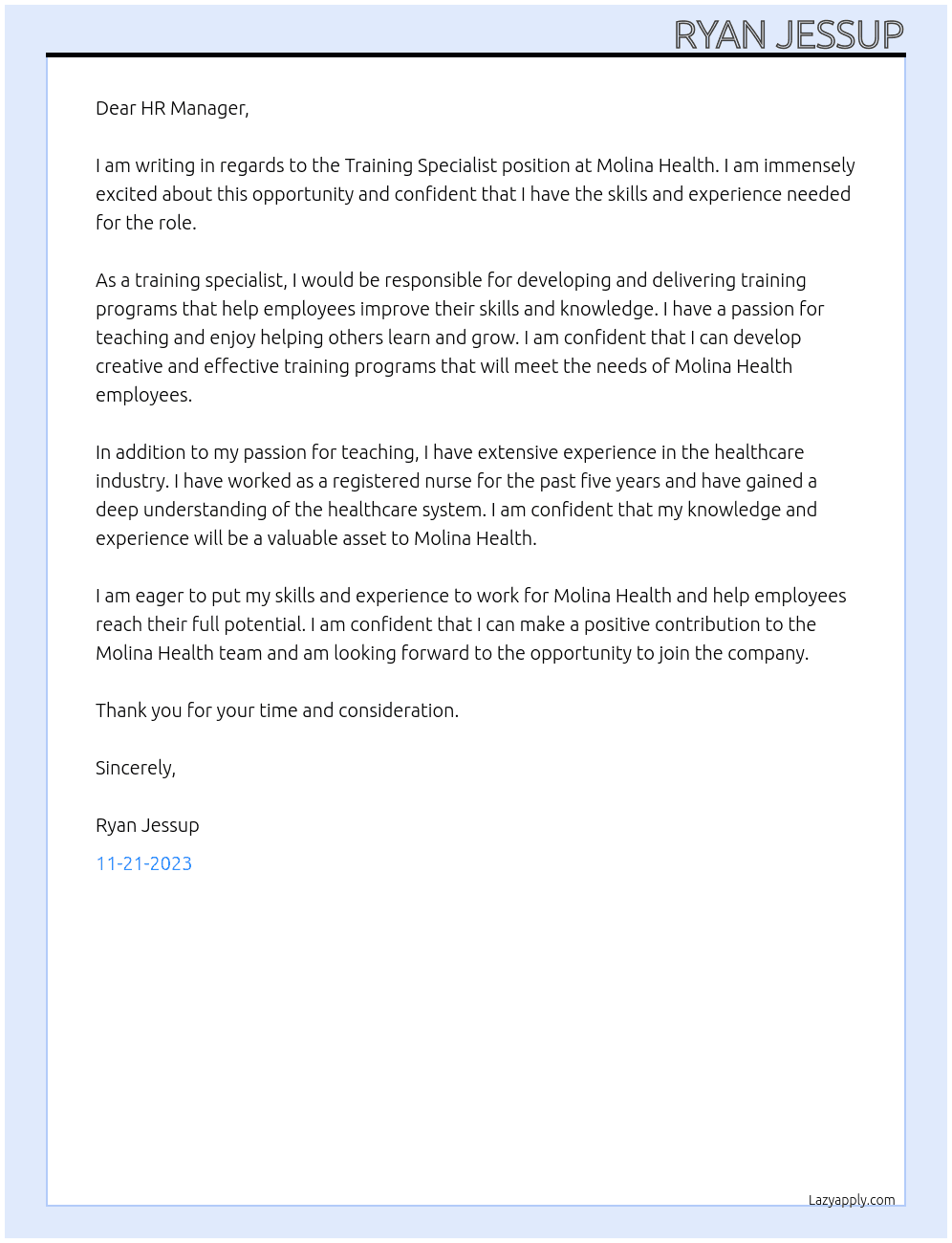 Training Specialist At Molina Health Cover Letter