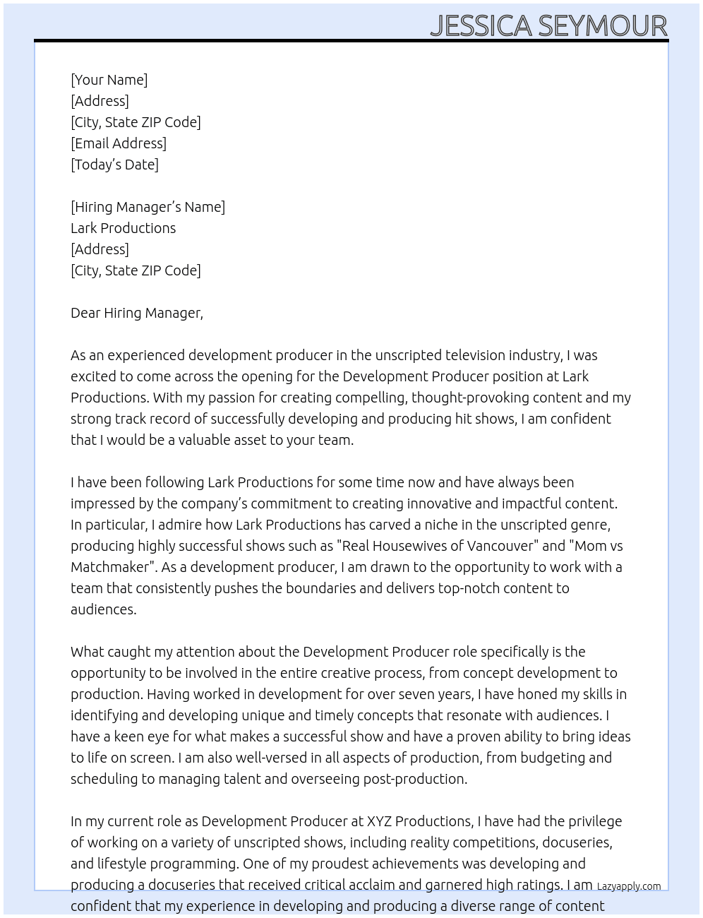 Development Producer, Unscripted At Lark Productions Cover Letter