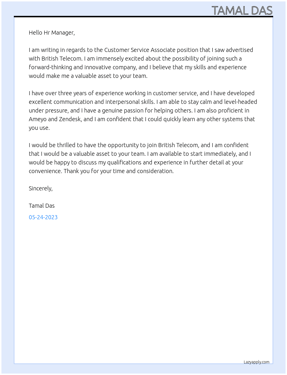 CSA At British Telecom Cover Letter
