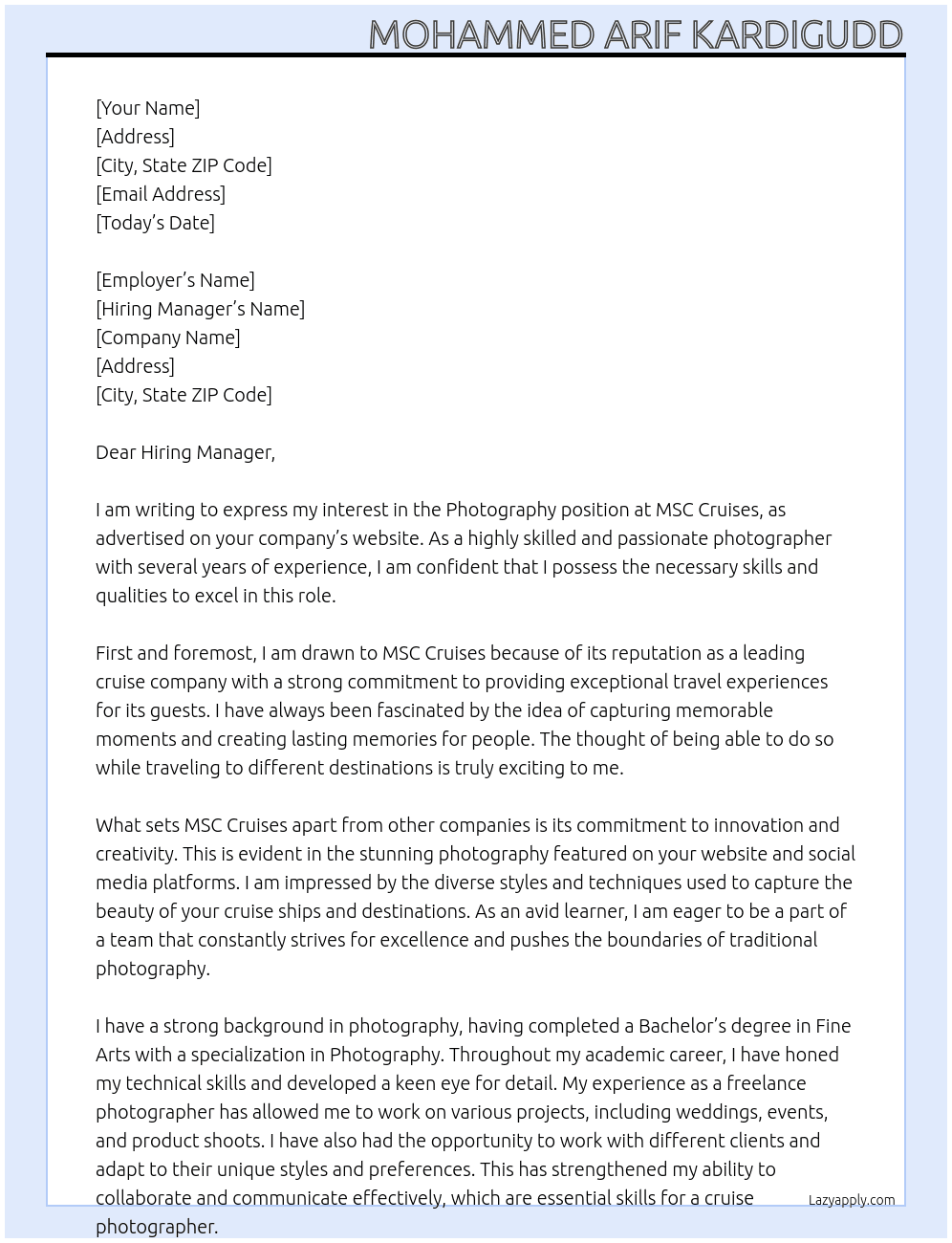 PHOTOGRAPHY  At  MSC Cruises  Cover Letter