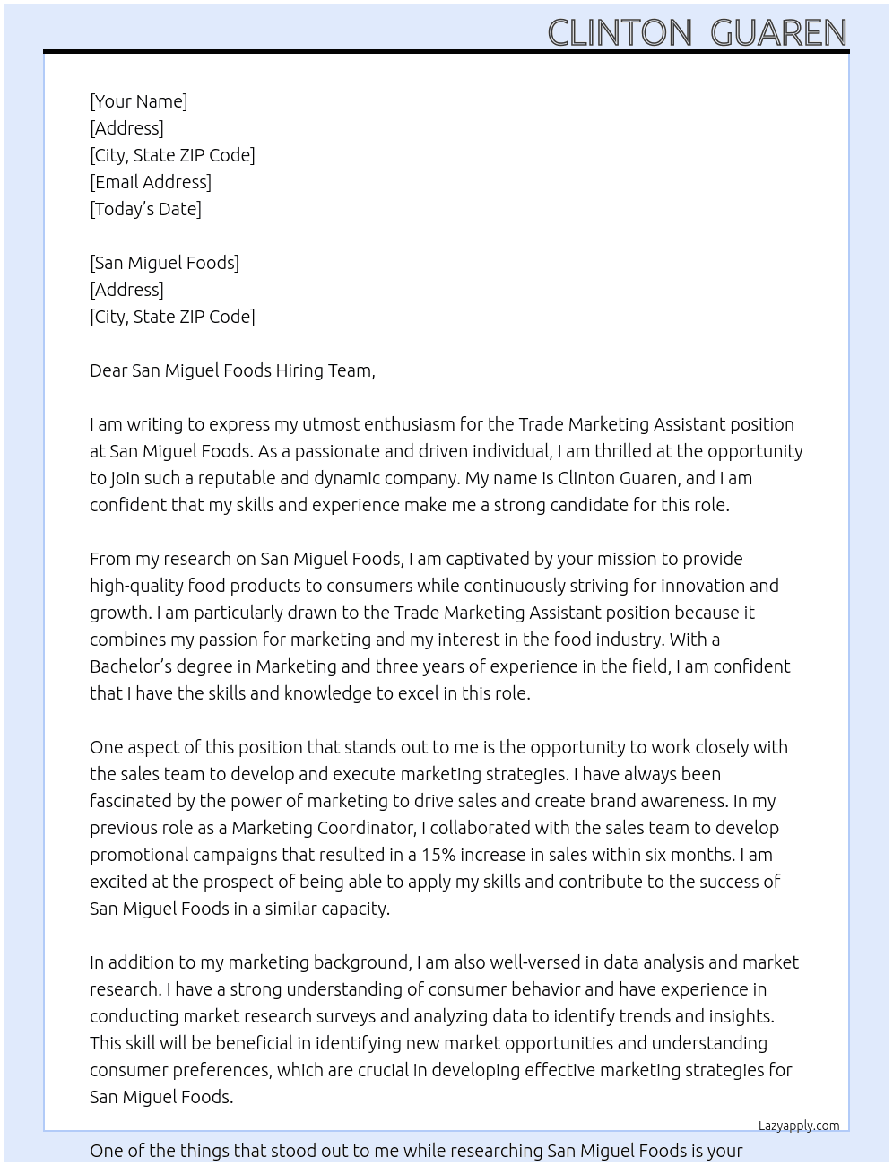 Trade Marketing Assistant At San Miguel Foods Cover Letter