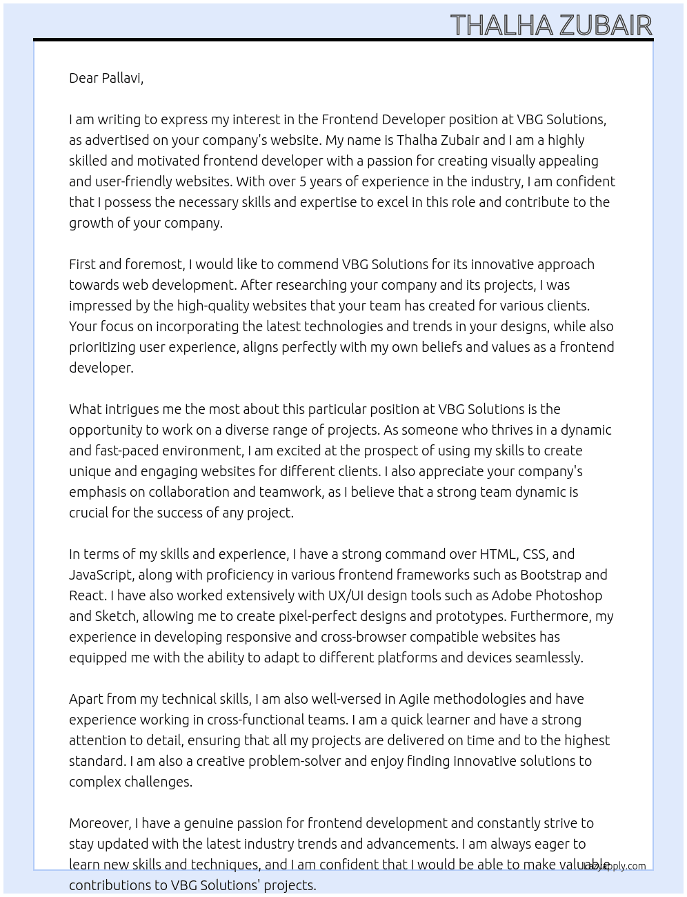 Frontend developer At VBG solutions Cover Letter