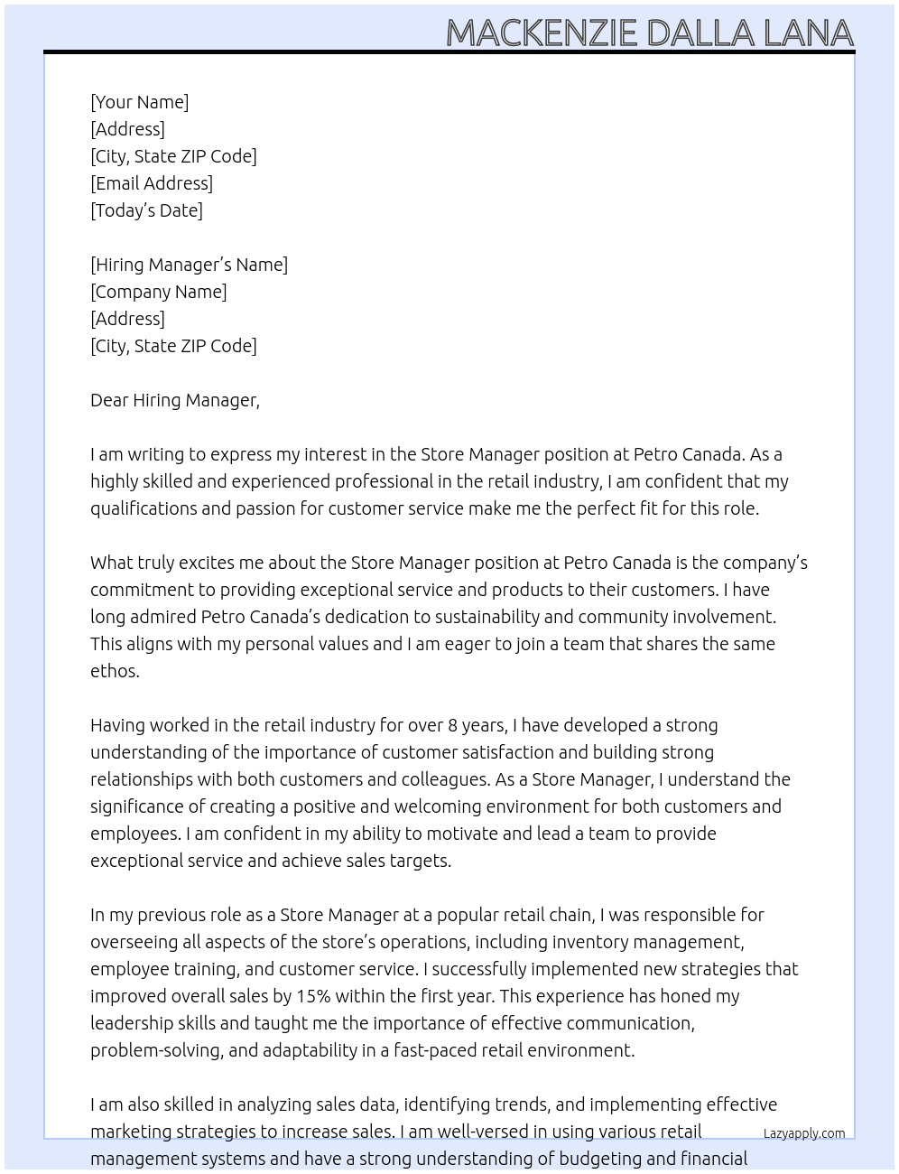 store manager At Petro Canada Cover Letter