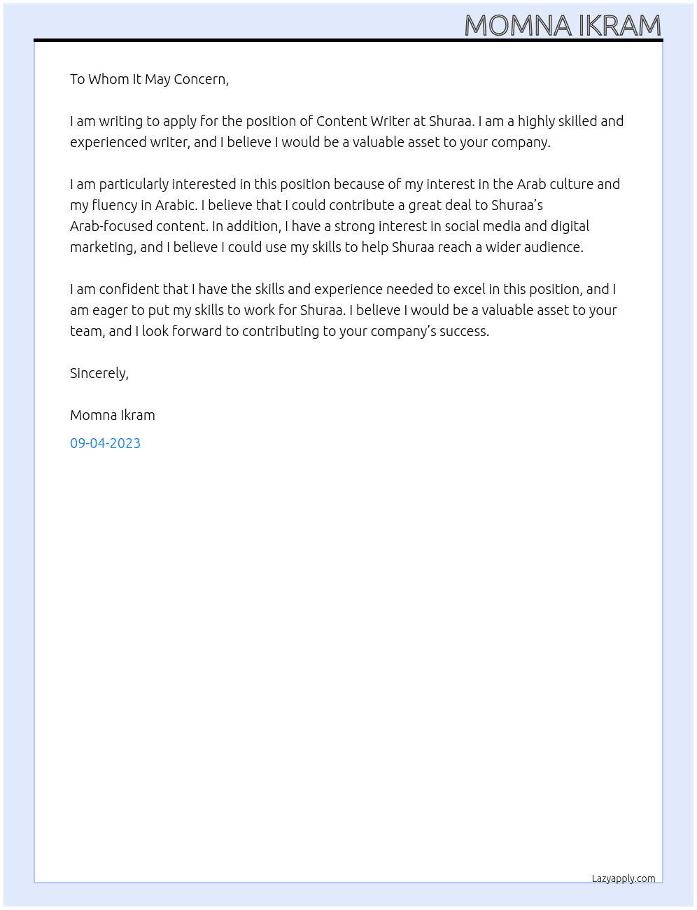 Content Writer At Shuraa Cover Letter
