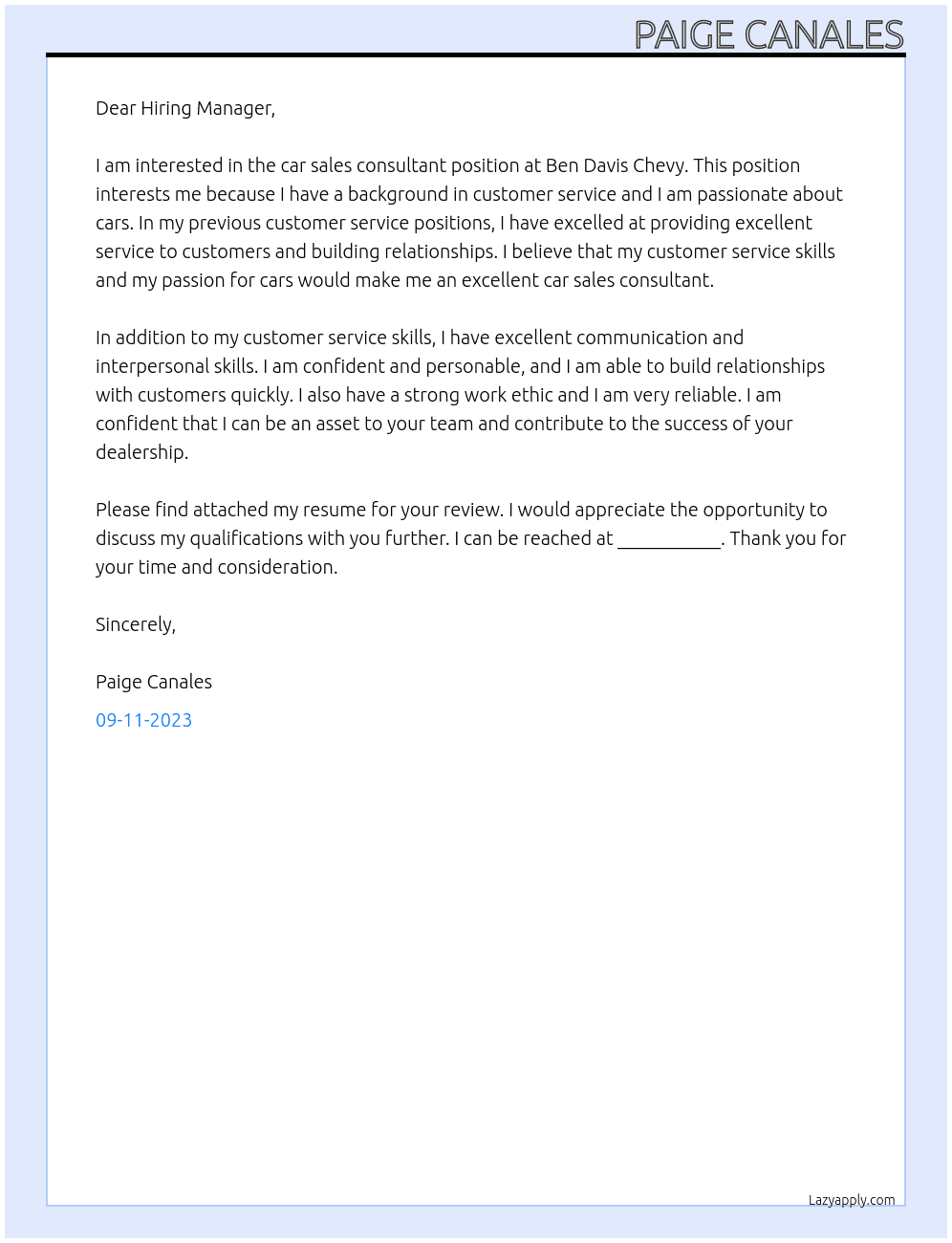 Car Sales Consultant At Ben Davis Chevy Cover Letter