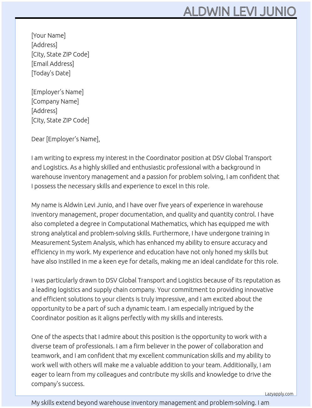 COORDINATOR At DSV Global Transport and Logistics Cover Letter