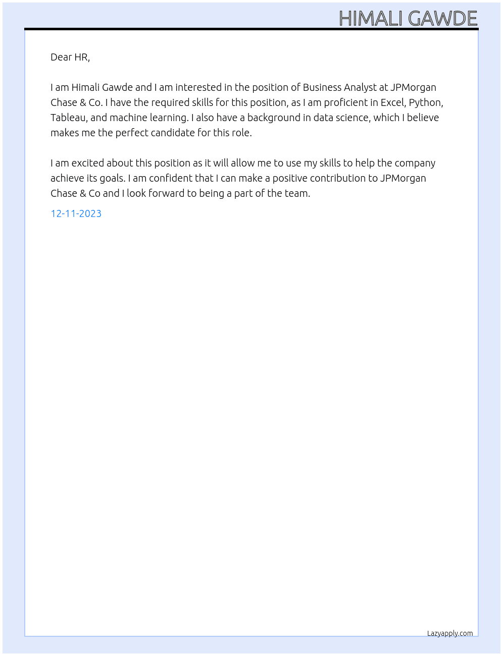 Buisness analyst  At JPMorgan Chase  & Co Cover Letter