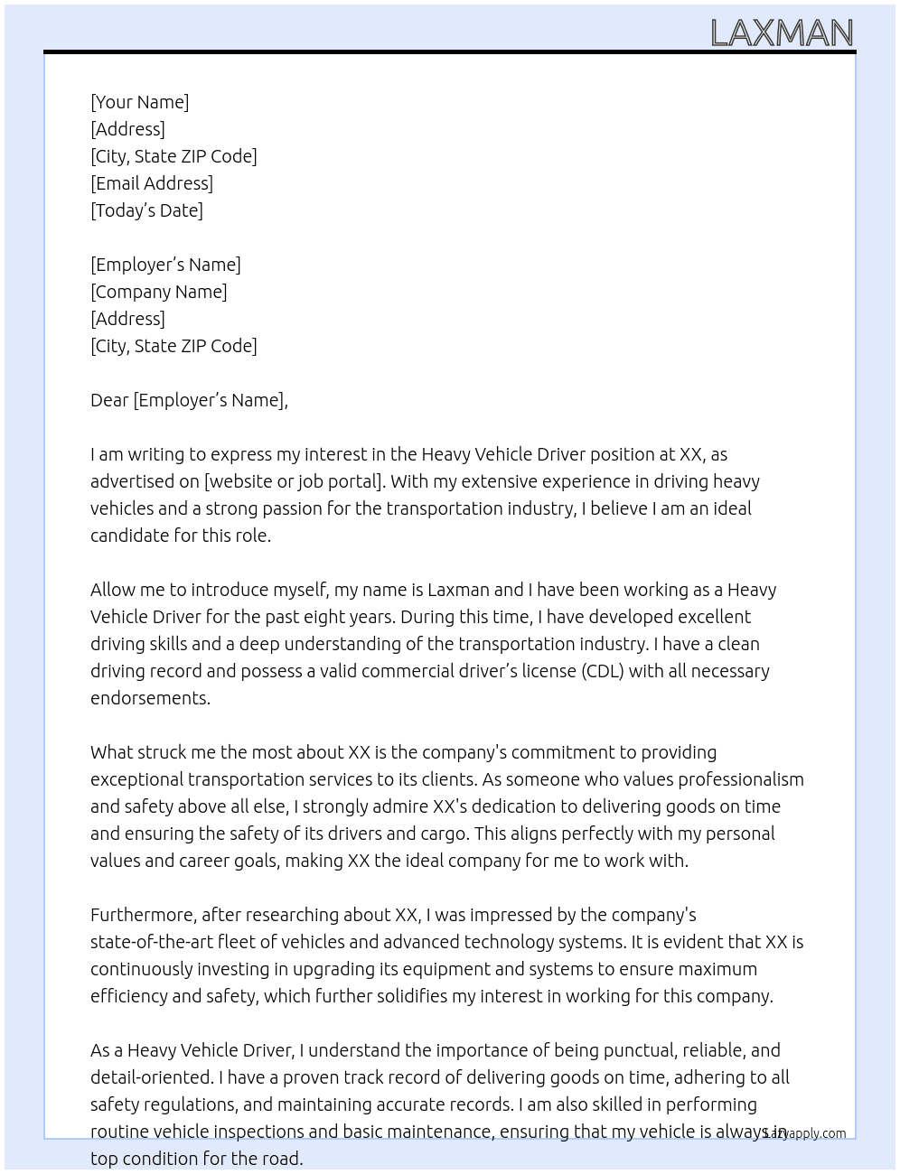 Heavy vehicle driver At XX Cover Letter