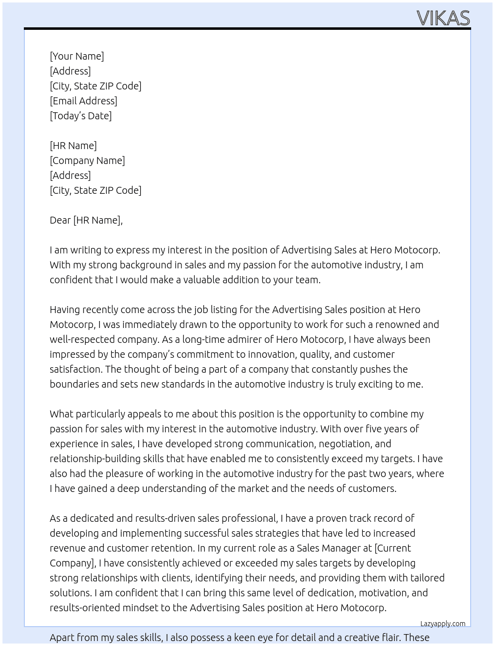 Advertising sales  At Hero Motocorp  Cover Letter