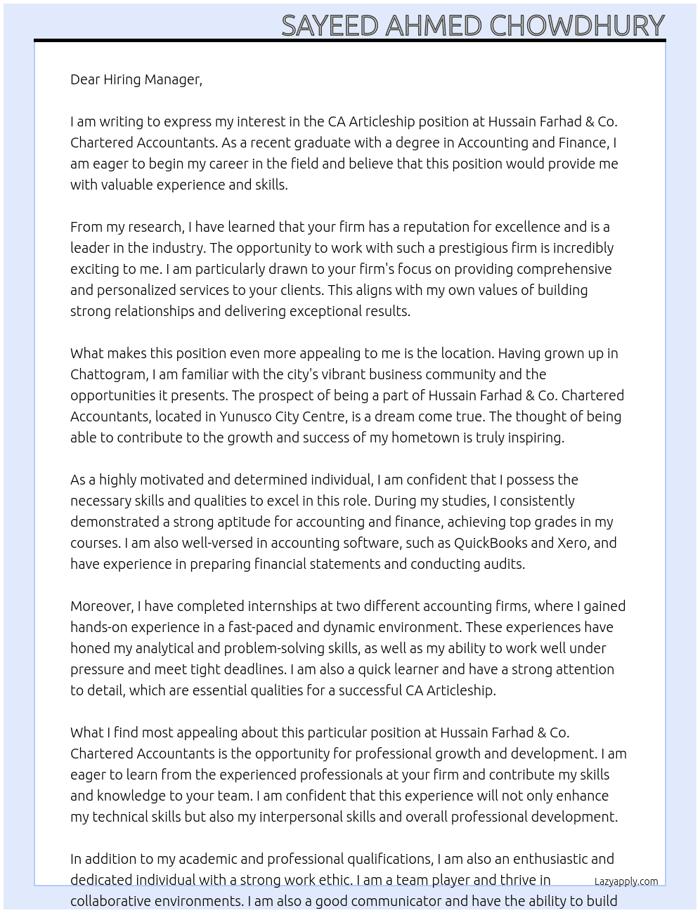 CA Articleship position  At Hussain Farhad & Co. Chartered Accountants Cover Letter