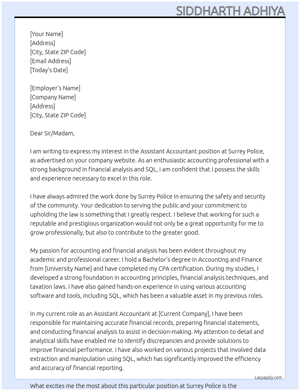 Assistant Accountant At Surrey Police Cover Letter