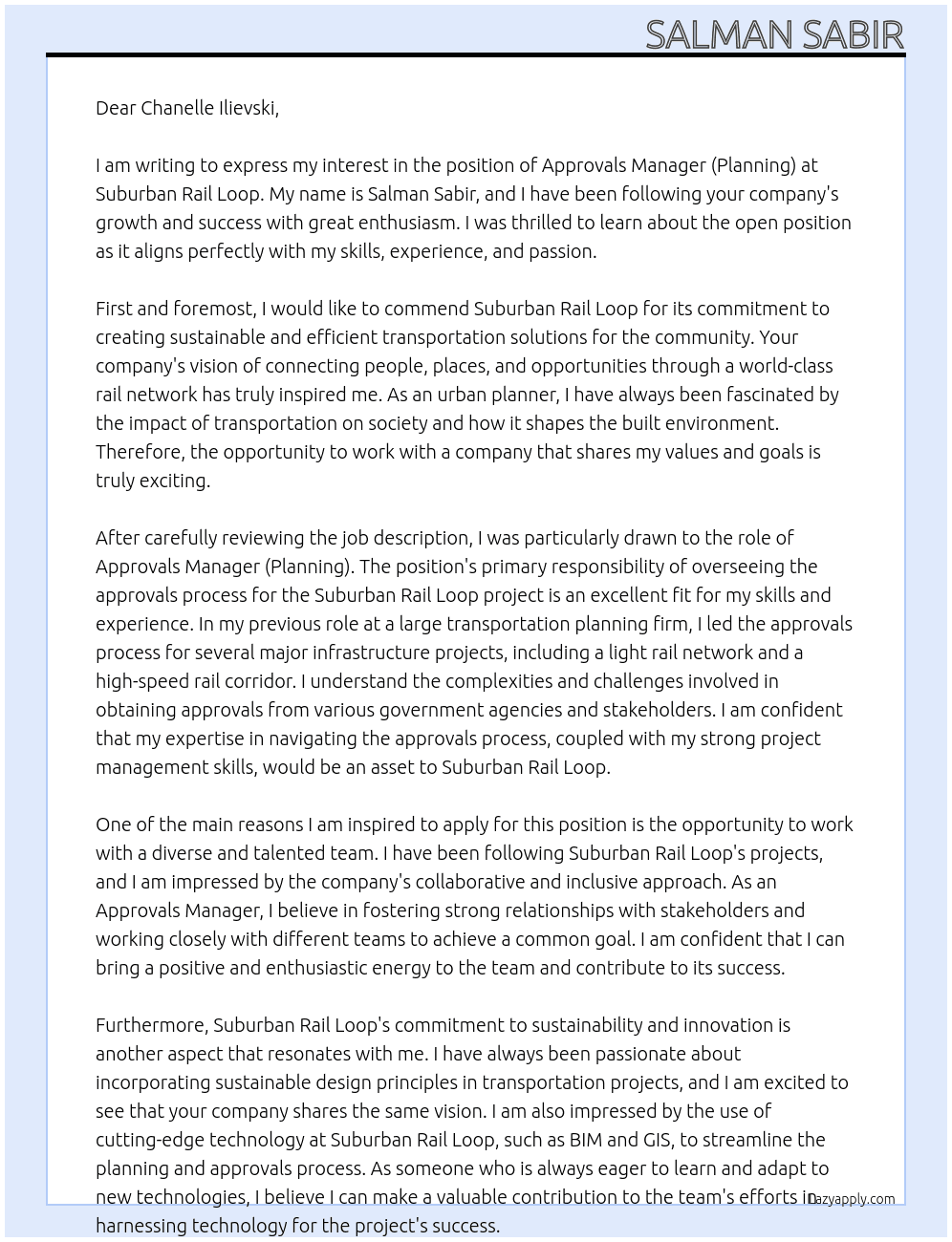 Approvals Manager (Planning) At Suburban Rail Loop Cover Letter