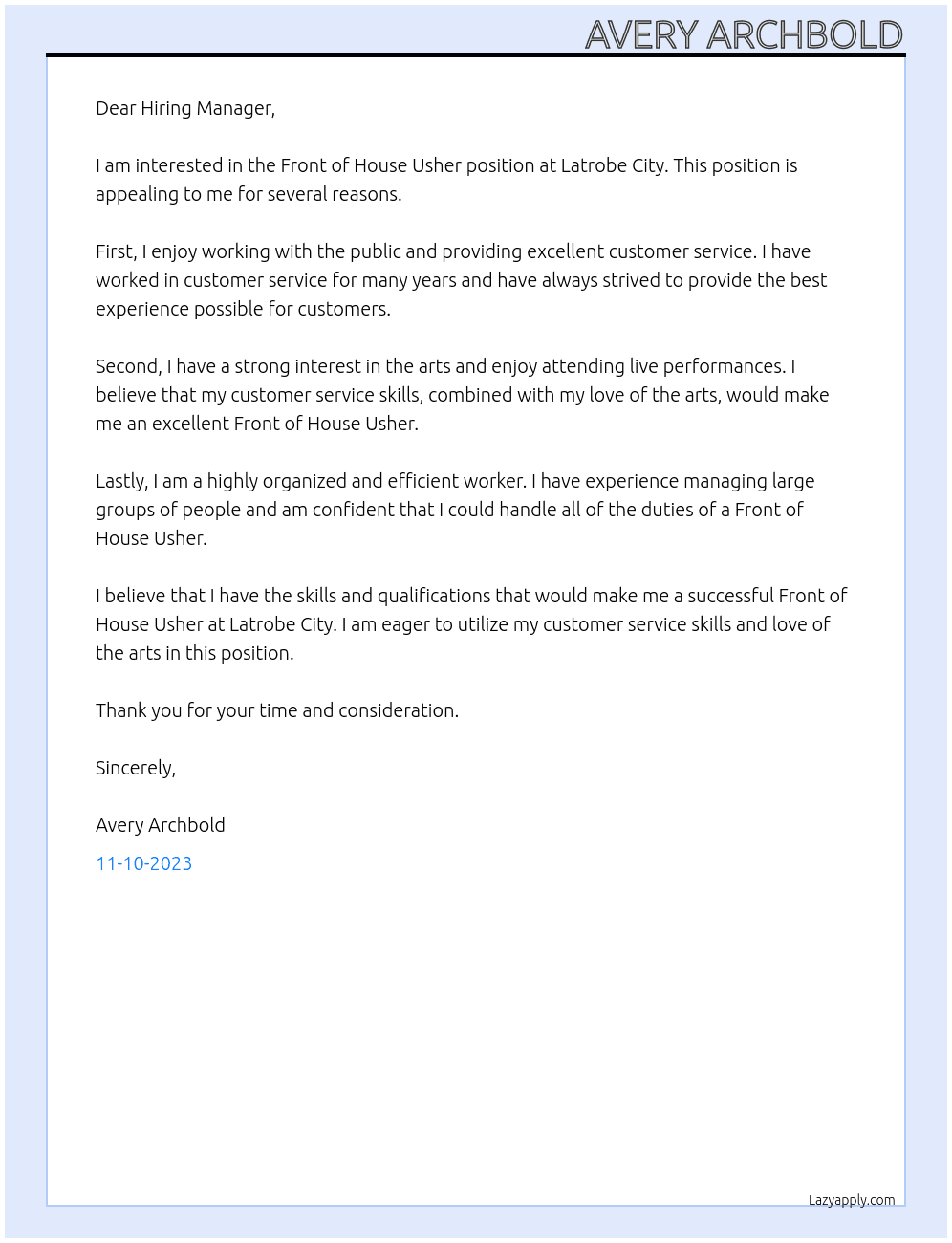 Front of House Usher At Latrobe City  Cover Letter