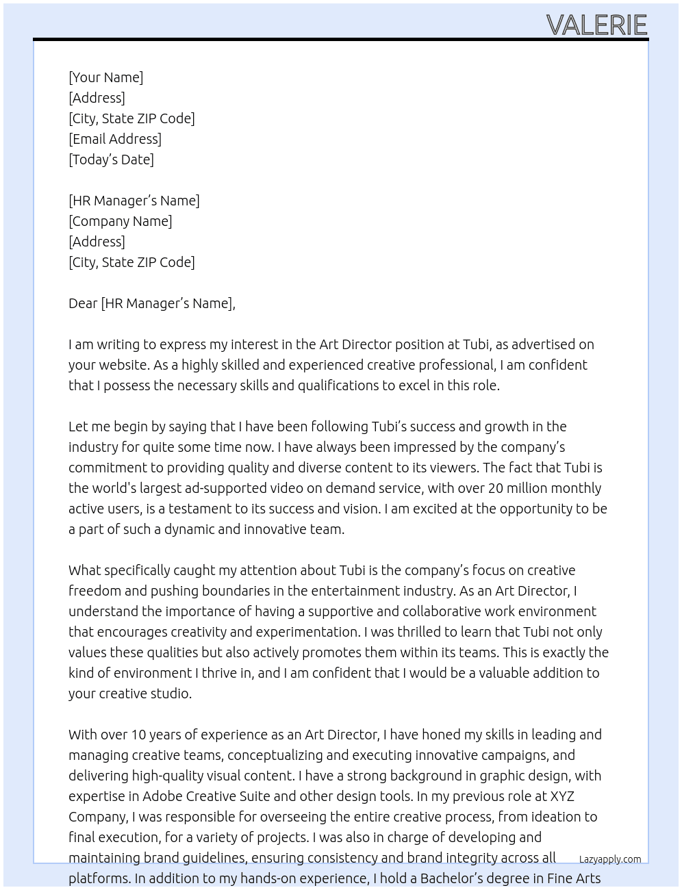 art director, creative studio At Tubi Cover Letter