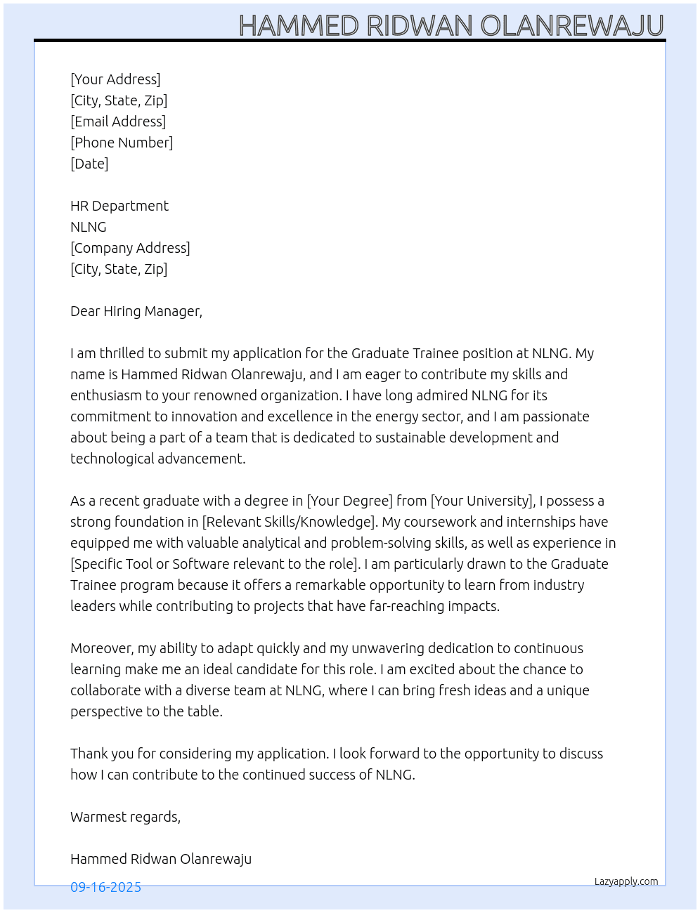 GRADUATE TRAINEE At nlng Cover Letter