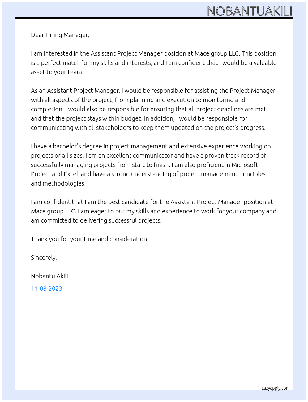 Assistant Project Manager At Mace group LLC Cover Letter