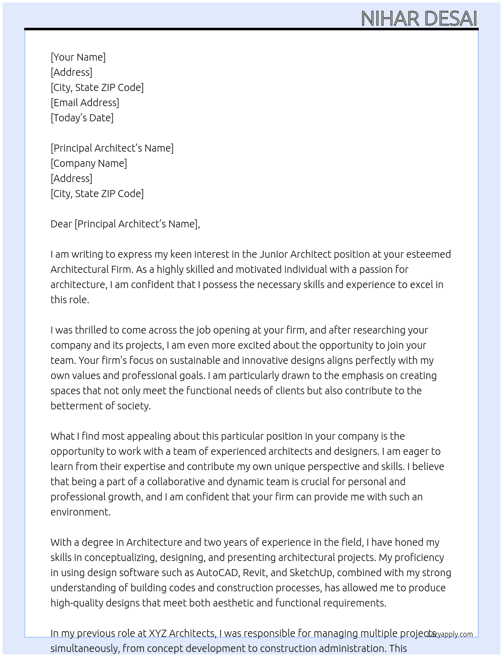 Junior Architect At Architectural Firm Cover Letter