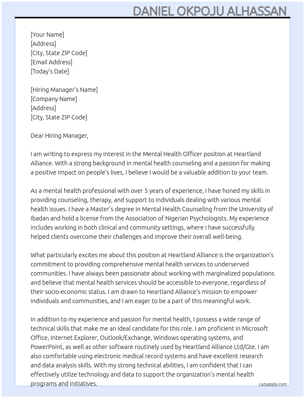 Mental Health Officer  At Heartland Alliance Cover Letter