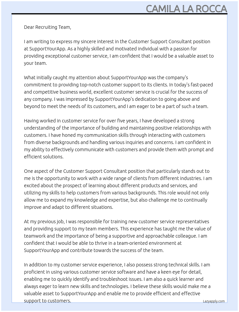 costumer supposrt consultant At SupportYourApp Cover Letter