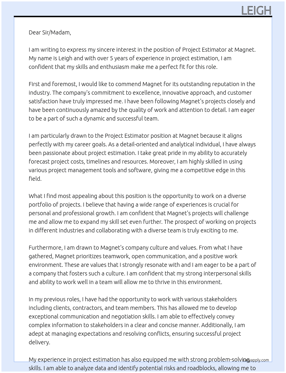 Project Estimator At Magnet Cover Letter