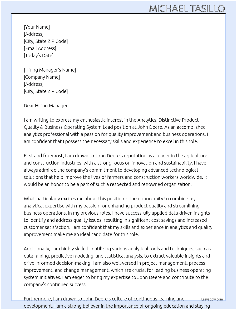 Analytics, Distinctive Product Quality & Business Operating System Lead At John Deere Cover Letter