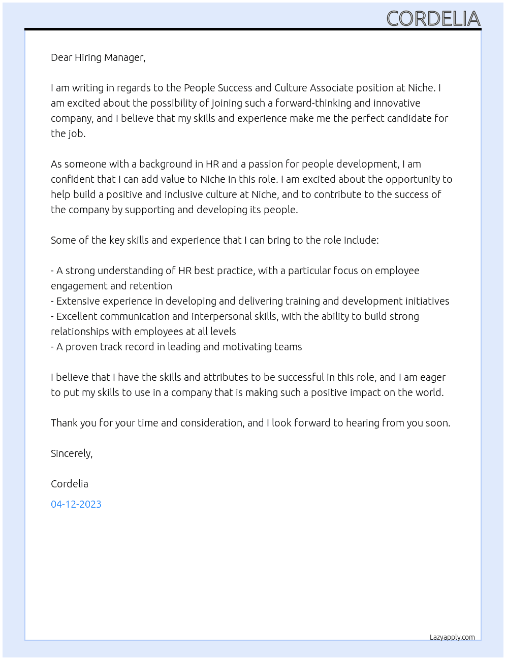 People Success and Culture Associate At Niche Cover Letter