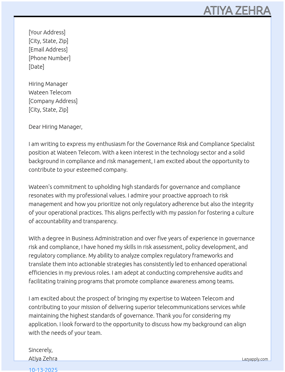 Governance risk and compliance specialist At wateen telecom Cover Letter
