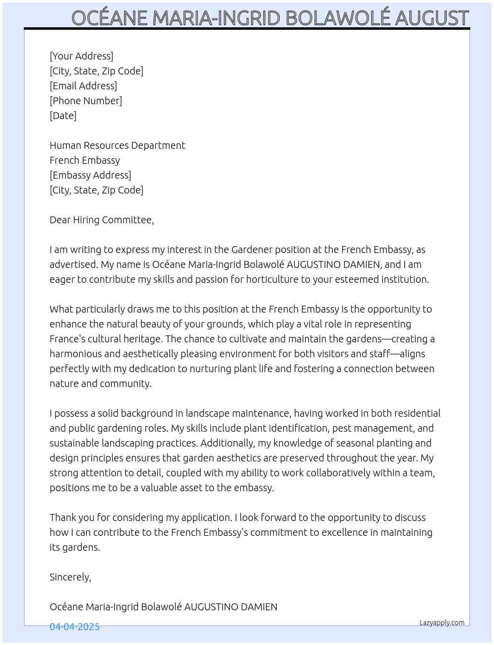 Garderner  At French embassy Cover Letter