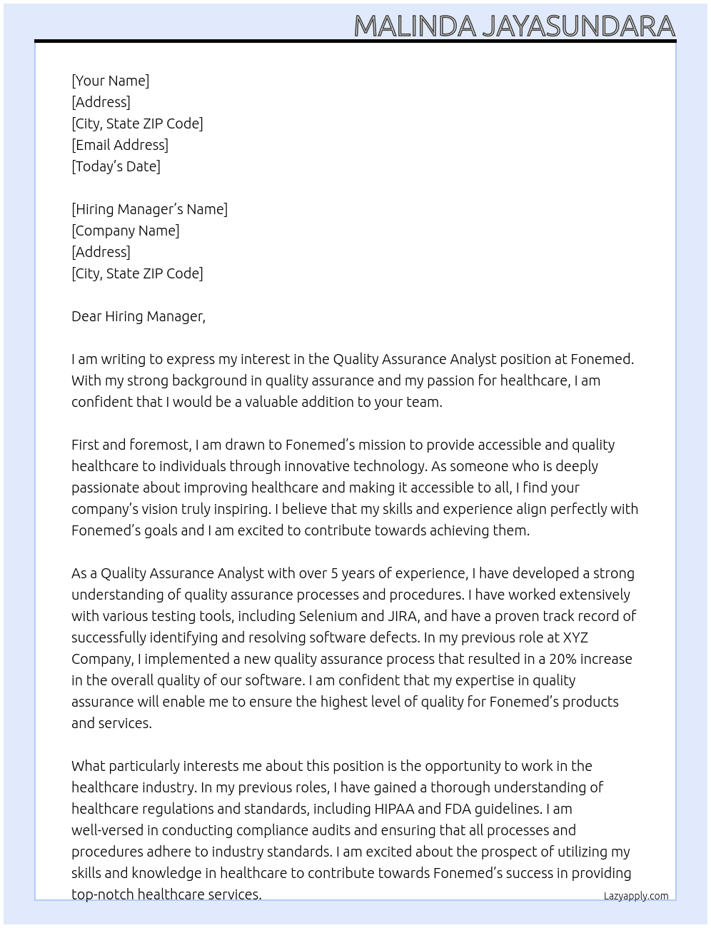Quality Assurance Analyst At Fonemed Cover Letter