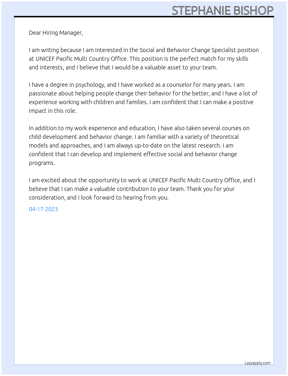 Social and Behavior Change Specialist At UNICEF Pacific Multi Country Office Cover Letter
