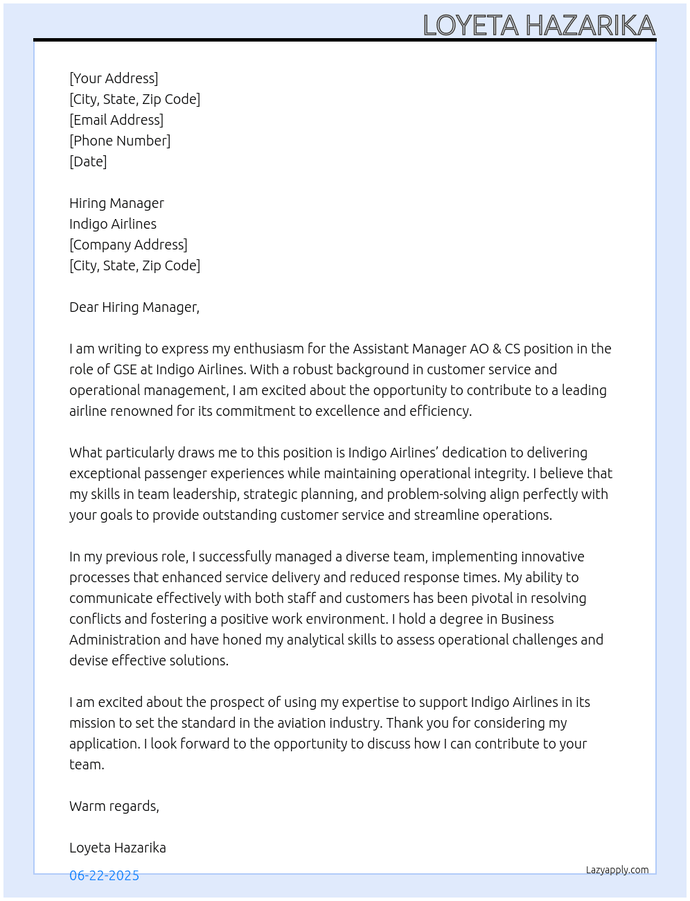 Cover letter for assistant manager ao & cs in the role of gse - LazyApply