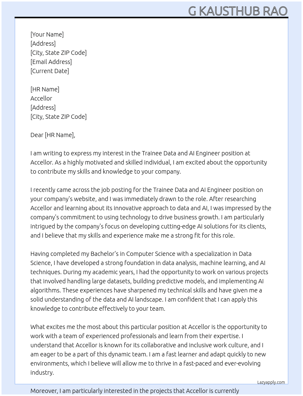 Trainee data and ai engineer At Accellor Cover Letter