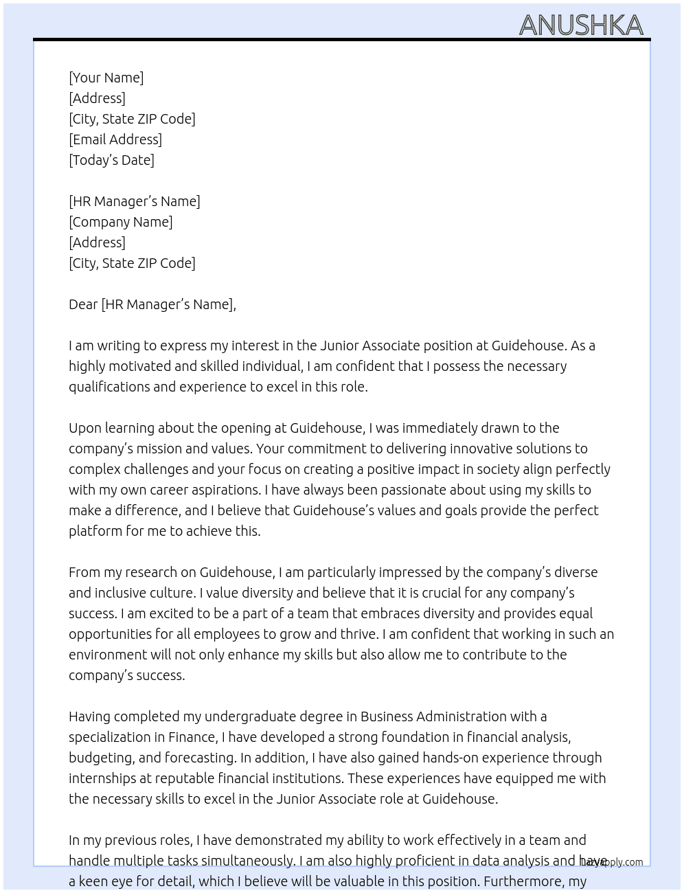 Junior Associate  At Guidehouse  Cover Letter